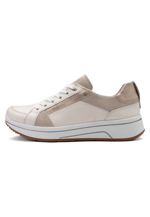 Low-profile white and beige leather sneaker with laces, padded collar, textured sole, and subtle stitching details, shown in side view.