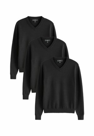 Drei schwarze V-Ausschnitt-Pullover aus weichem Material. Mit langen Ärmeln und gerippten Bündchen und Saum für eine figurschmeichelnde Silhouette.