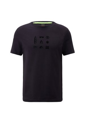 Black cotton t-shirt featuring a crew neckline and short sleeves with various black icons printed on the front. Smooth texture, casual fit.