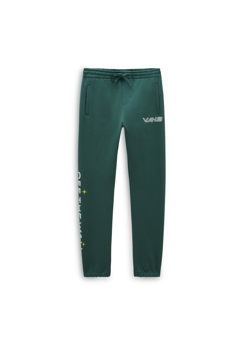 Pantalones deportivos verdes con cintura elástica y cordón. Presentan bolsillos y el texto "OFF THE WALL" en blanco a lo largo de la pierna izquierda.