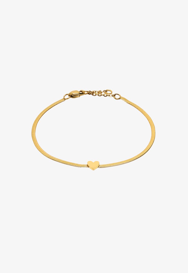 Złota bransoletka z cienkim, elastycznym wzorem łańcuszka i małym serduszkiem na środku. Bezpieczne zapięcie z regulowanym łańcuszkiem.