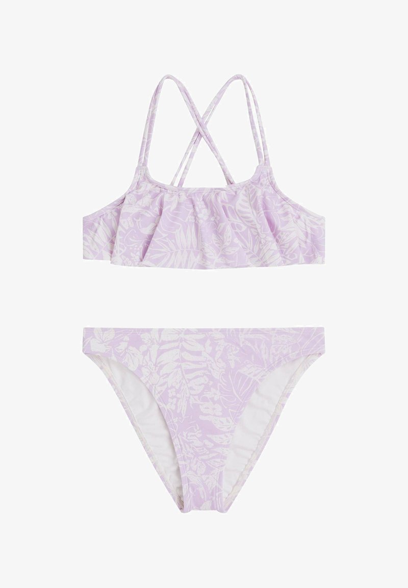 Bikini due pezzi viola con top arricciato e spalline incrociate, caratterizzato da un motivo floreale bianco su un tessuto strutturato.