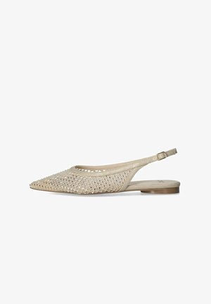 Ballerine beige con punta a punta, caratterizzate da un design in rete intrecciata, una texture liscia e un tacco basso e arrotondato per il massimo comfort.