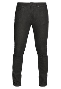 Jeans de mezclilla negra con un ajuste slim, que presentan un diseño estándar de cinco bolsillos, cierre de cremallera y un sutil detalle de costura en los bolsillos.