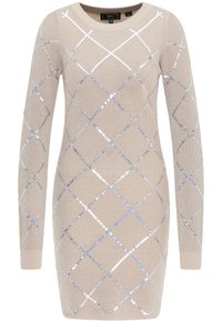 Beige långärmad tröja med diamantmönster och iriserande paljetter, ribbad mudd och rund halsringning. Mjuk stickad textur.