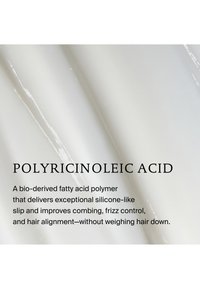 Tekst over polyrincinolzuur op een witte gelachtergrond, die een bio-afgeleid polymeer beschrijft dat de haaruitglijding, kroesbeheersing en uitlijning verbetert zonder gewicht.