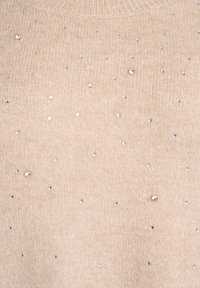 Beżowy sweter dziany z prążkowanym dekoltem, ozdobiony rozrzuconymi srebrnymi cekinami dla podkreślenia. Miękka tekstura, luźny krój.