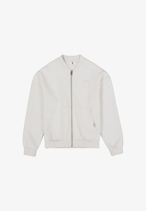 Blouson aviateur gris clair avec une fermeture éclair frontale, des poignets côtelés et deux poches avant. Présente un logo subtil sur la partie gauche de la poitrine.