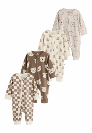 Quatre grenouillères bébé à manches longues avec fermetures éclair, présentant des visages d’ours en peluche, des figures d’ours en peluche et des motifs à carreaux dans des tons neutres beige et marron.