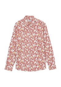Camicia a maniche lunghe con base bianca e motivi floreali e paisley rossi, dettagli gialli, chiusura con bottoni e colletto classico.