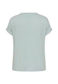 T-skjorte med korte ermer og horisontale hvite og lysegrønne striper, vist bakfra på hvit bakgrunn.