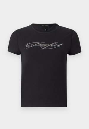 Μαύρο κοντομάνικο T-shirt Marc Jacobs με στρογγυλή λαιμόκοψη και λευκή καλλιγραφική γραφή "Confident" από μικρές τελείες στο στήθος.