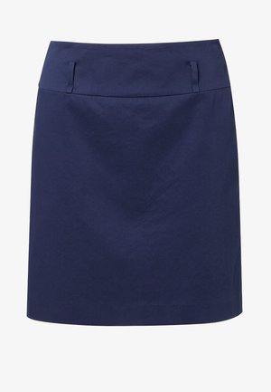 Jupe trapèze bleu marine en tissu texturé, dotée d'une ceinture plate et de poches latérales, avec une longueur jusqu'au genou.