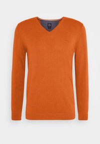 Oranger V-Ausschnitt-Pullover mit langen Ärmeln, gerippten Bündchen und Saum. Weiche Textur, dezente Stickdetails und ein Logo in der Nähe des Ausschnitts.