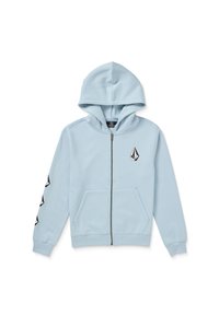 Sudadera con cremallera de color azul claro, hecha de una tela suave, que presenta un logo en la parte frontal, bolsillos tipo canguro y detalles en negro a lo largo de las mangas.