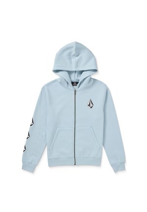 Sudadera con cremallera de color azul claro, hecha de una tela suave, que presenta un logo en la parte frontal, bolsillos tipo canguro y detalles en negro a lo largo de las mangas.
