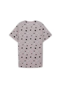 T-shirt a maniche corte di colore rosa con un motivo sparso di cuori neri, bianchi e grigi. Tessuto morbido e vestibilità comoda.