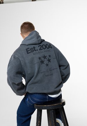 Mann trägt dunkelgrauen Hoodie mit "Est. 2004 Red Bull Racing" Text und Sternen auf dem Rücken, sitzt auf einem schwarzen Holzschemel vor weißem Hintergrund.