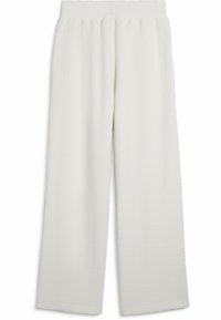 Pantalones blancos de pierna ancha, hechos de una tela suave y texturizada, con una cinturilla elástica. Presentan una forma relajada, adecuada para el uso casual.