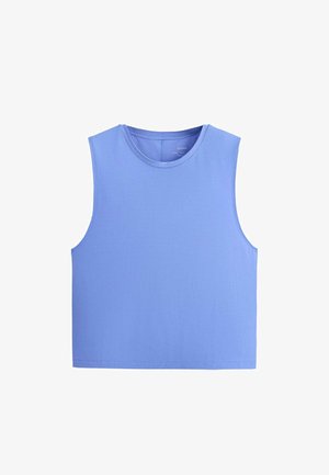 Bezruký žebrovaný zkrácený top v jednobarevné periwinkle modré barvě s kulatým výstřihem a rovný lem.