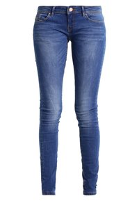 Jeans ajustados en denim azul medio, con un diseño clásico de cinco bolsillos, un ligero desvanecimiento y un cierre de un solo botón en la cinturilla.