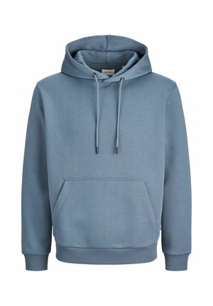 Hanorac albastru deschis din material neted, cu buzunar frontal, glugă cu șnur și manșete și tiv striate.