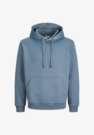 Light blue hoodie made of smooth fabric, featuring a front pocket, drawstring hood, and ribbed cuffs and hem.