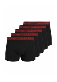 Fünf Paare schwarze Boxershorts mit einem breiten roten Bund, auf dem "JACK & JONES" gedruckt ist. Glattes Material und körpernahe Passform.