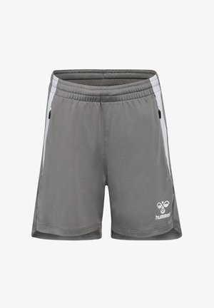 Pantaloni sportivi grigi con vita elasticizzata e coulisse, caratterizzati da strisce bianche sui lati e dal logo Hummel in bianco nella parte bassa anteriore. Texture liscia.