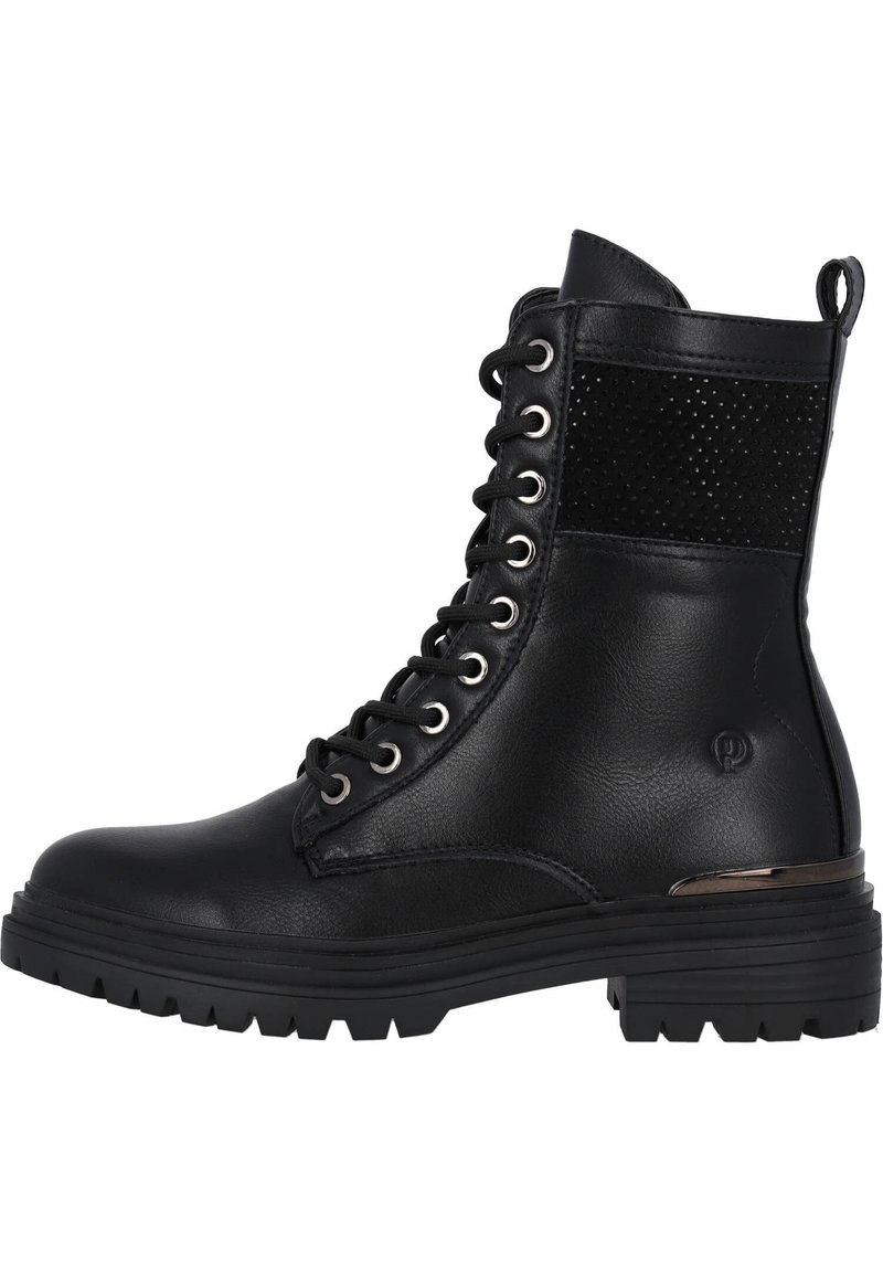 Bottines noires avec une finition en cuir lisse et un panneau latéral texturé, dotées d'œillets en métal, de lacets, d'une semelle robuste et d'une touche brillante.