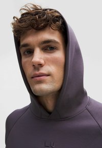 Mørkelilla hættetrøje i glat stof med et diskret logo på brystet og en løs pasform med rundet halsudskæring.