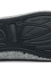 Gray felt footwear with a rubber outsole featuring curved tread patterns and embossed text, including the word "natural rubber" and a size indication.