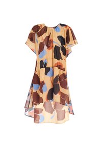 Robe à manches courtes, loose-fit en tissu transparent présentant une base beige avec des motifs floraux abstraits dans des tons de brun, bleu et pêche.