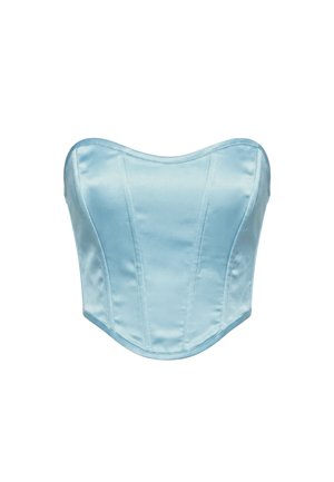 Top corsetto in raso azzurro chiaro con cuciture strutturate e scollo a cuore, progettato come capo senza spalline.