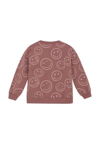Bruine sweatshirt met een algehele lichtbeige smileyprint, geribbelde halslijn en boorden, en een ontspannen pasvorm voor comfort.