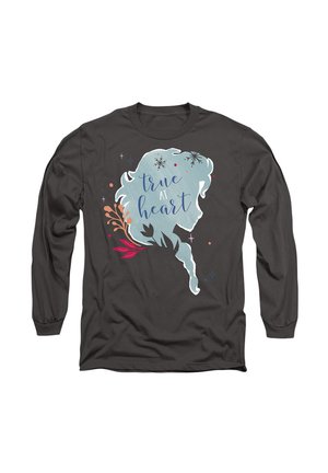 Long-sleeve shirt in dark gray with a light blue silhouette, the text "true at heart," and colorful floral accents. Soft cotton material.