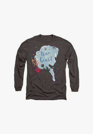 Langärmliges Shirt in Dunkelgrau mit einer hellblauen Silhouette, dem Text "true at heart" und bunten floralen Akzenten. Weiches Baumwollmaterial.