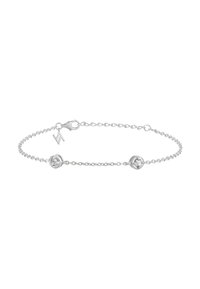 Silver chain bracelet with two round, clear gemstones. Features a clasp fastener and a small decorative tag.