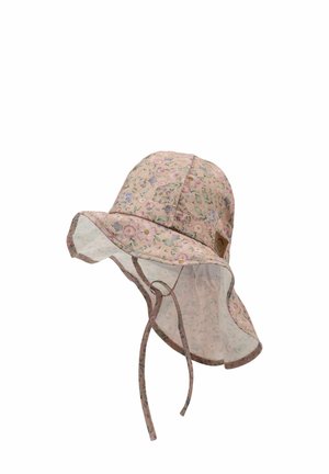 Floral bucket hat in soft pink fabric, featuring a wide brim, chin straps, and a delicate pattern of small flowers and leaves.