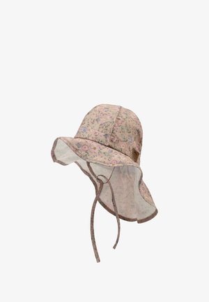 Pălărie bucket florală din material roz pal, cu bor larg, curele pentru bărbie și un model delicat de flori mici și frunze.