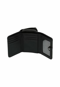 Czarny skórzany portfel z zamkiem błyskawicznym, wyposażony w wiele przegródek na karty, przezroczyste okienko na identyfikator oraz gładką fakturę.