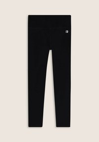 Leggings neri realizzati in materiale elasticizzato, con un'ampia vita elastica e un sottile dettaglio con logo sulla parte superiore.