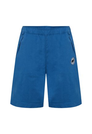 Pantaloncini con vita elastica blu, tasche laterali e un piccolo logo circolare sulla gamba destra.