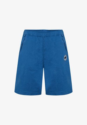Shorts à taille élastique bleus avec poches latérales et un petit logo circulaire sur la jambe droite.