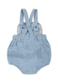 Tuta in denim con spalline incrociate regolabili, dettagli in volant, bottoni viola e vita elasticizzata per il massimo comfort. Colore azzurro chiaro.