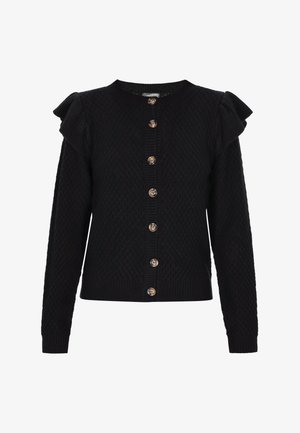 Zwarte cardigan met een getextureerd breipatroon, gekruiste schouderaccenten, knoopsluiting aan de voorkant en gebreide manchetten en zoom.