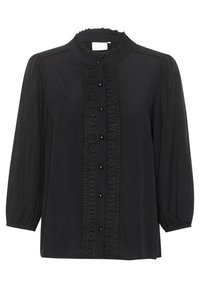 Black blouse with a high neck and ruffled trim, featuring a central lace panel and black buttons down the front, puffed sleeves, and a soft texture.