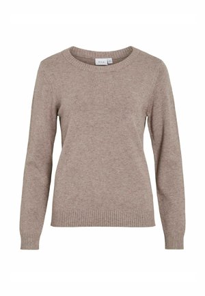 Beige strikkegenser med rund hals, lange ermer og ribbestrikkede mansjetter og nederkant. Myk tekstur uten mønstre eller detaljer.