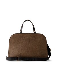 Brown textured dome-shaped handbag with black leather handles featuring gold studs and a detachable black strap with embossed branding.