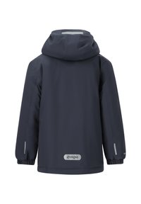 Marine waterdichte jas met een kap, elastische manchetten en reflecterende accenten. Heeft een logo op de onderrug. Glide textuur, casual ontwerp.